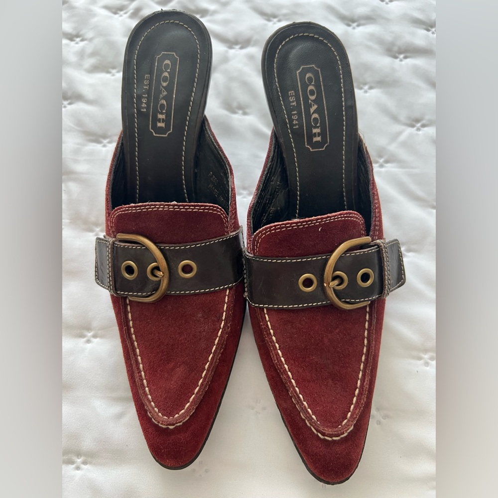 Coach Red and Brown Leather Mules with Classic Design